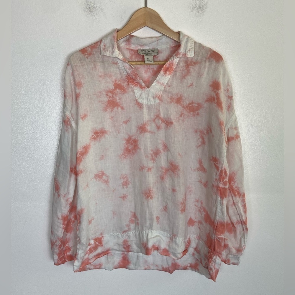 Rachel Zoe Tie Dye Linen‎ Long Sleeves Top Size S White & Peach Boho Lagenlook
